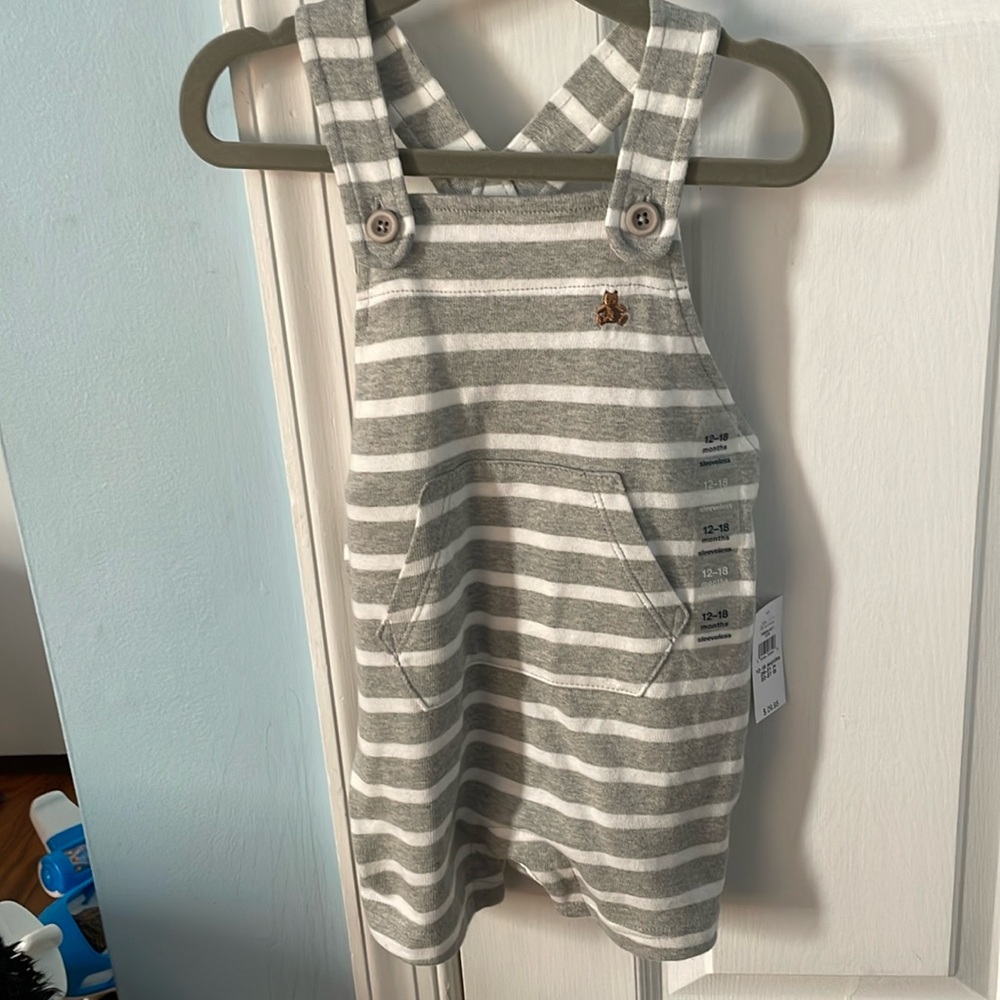Gap baby gray and white stripe overalls